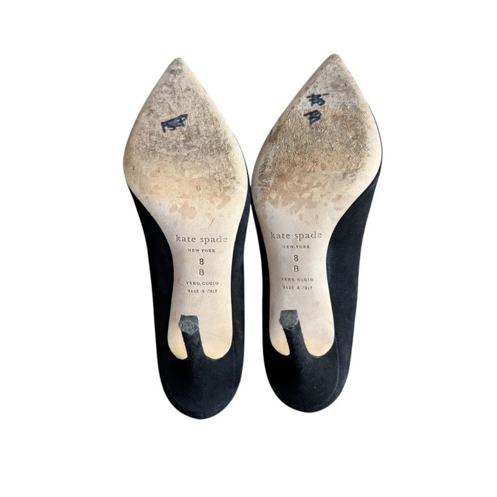 Kate Spade - Black Suede Pointed Toe Pumps Crystal Bow Heels Size 8